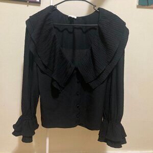 Rhode Black Long Sleeve Ruffle Top Collared Blouse Size Small Textured